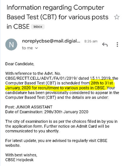 CBSE Junior Assistant Exam Date 2020 Released For 357 Vacancies @cbse.nic.in_30.1