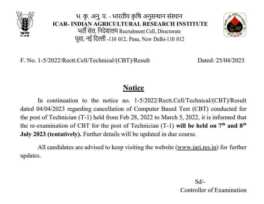 Icar Iari Technician Re Exam Schedule