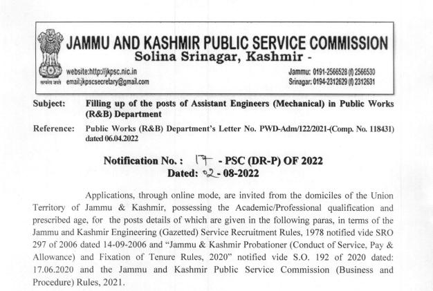 JKPSC AE Recruitment 2022, Apply Online for 61 Assistant Engineer Vacancies_50.1