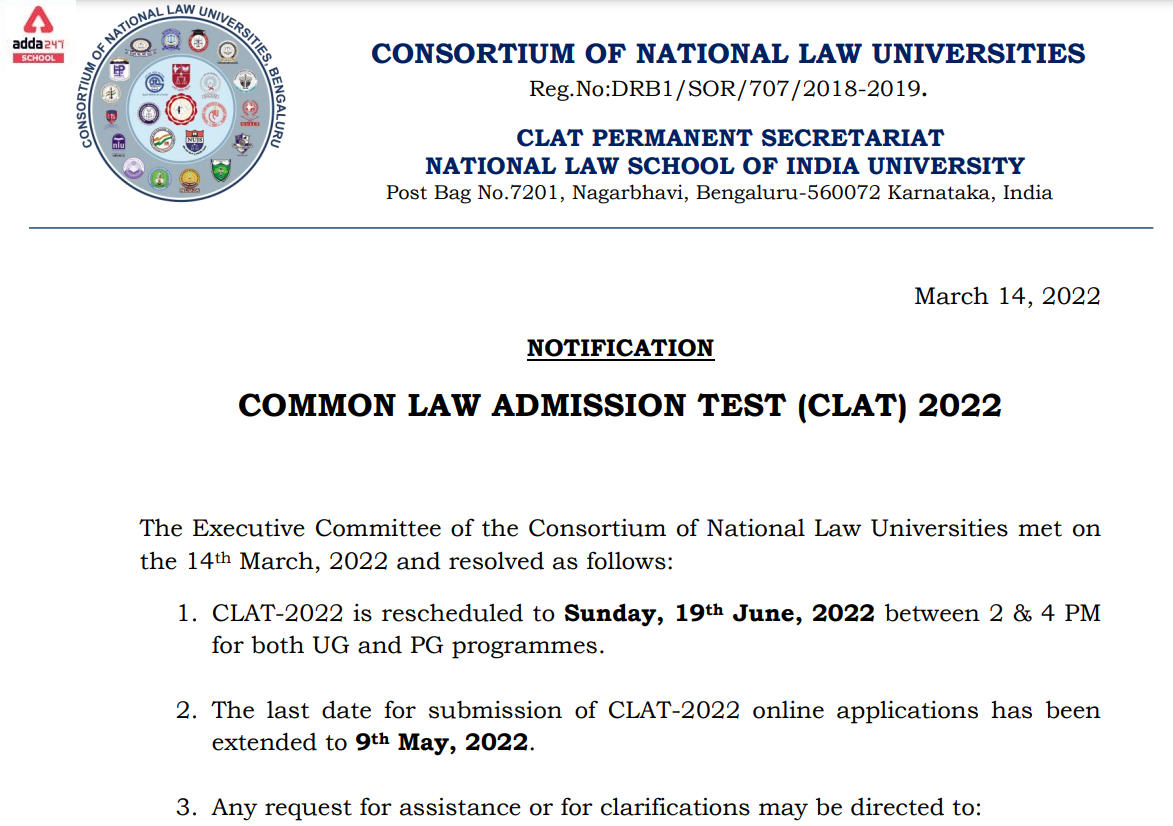 CLAT 2022 Exam Date Revised_30.1
