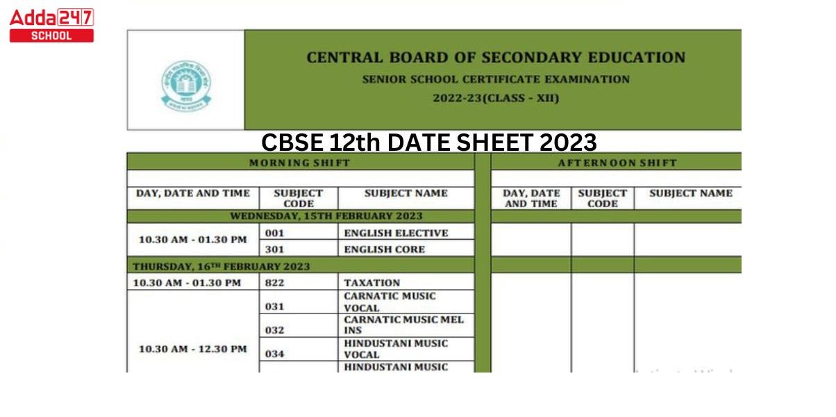 CBSE Class 12 Date Sheet 2023, Class 12th Board Exam Time Table