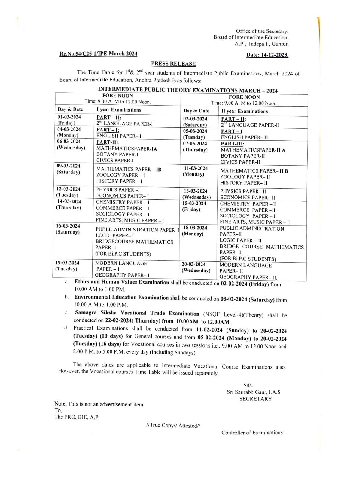 AP Inter Exam Date 2024, 2nd and 1st Year Time Table Out