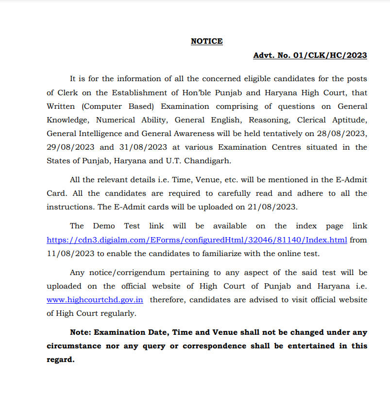 Punjab and Haryana High Court Clerk Admit Card and Exam Date 2023