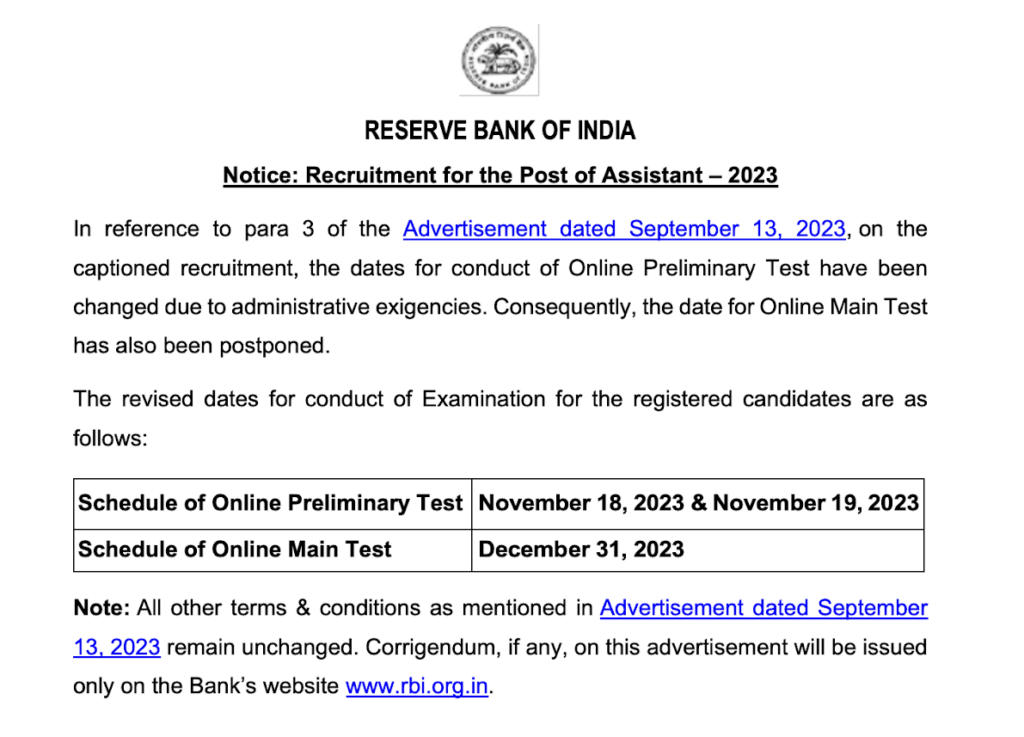 RBI Assistant Exam Date 2023 New