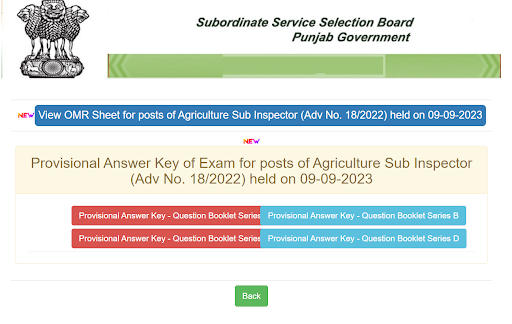 PSSSB Agriculture Sub Inspector Answer Key 2023 Download