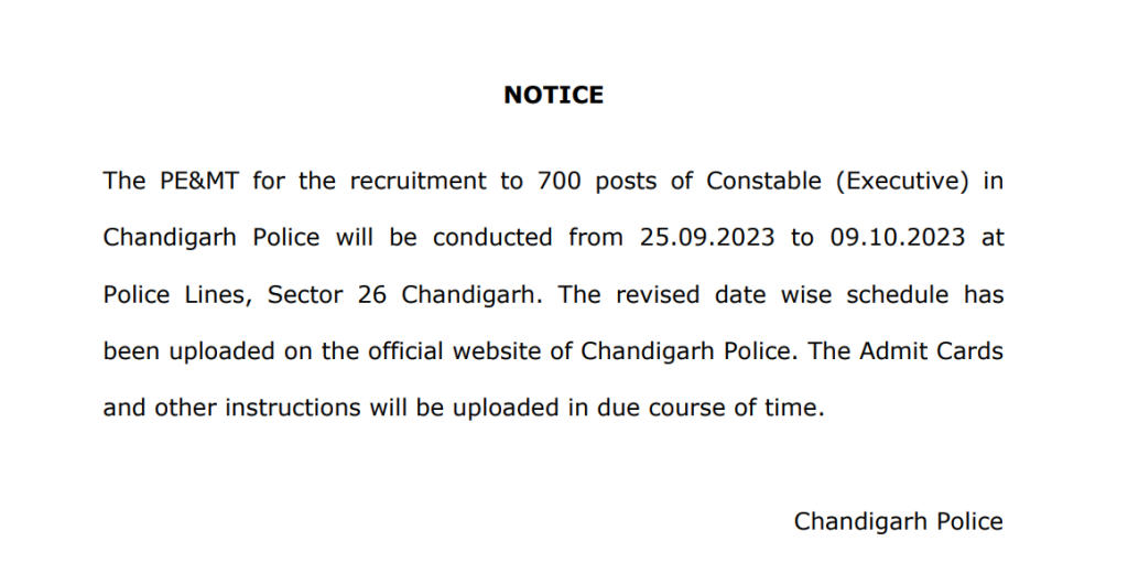 Chandigarh Police Constable PMT Dates Revised