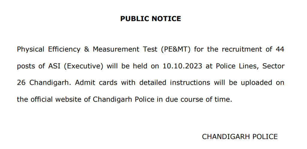Chandigarh Police ASI PMT Date 2023
