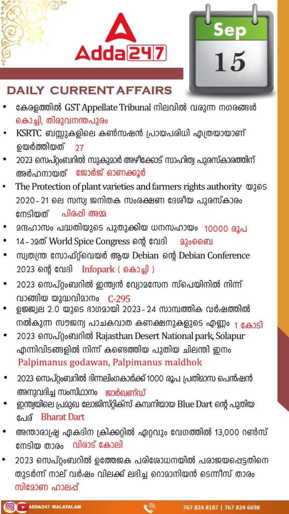 Daily Current Affairs in Malayalam-15th September