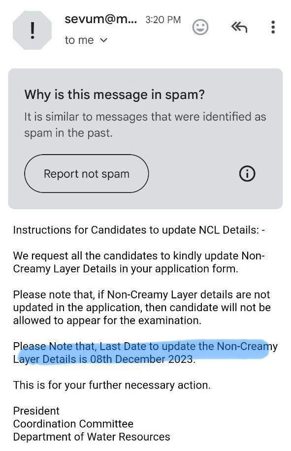 नॉन क्रिमी लेयर तपशील अद्ययावत करण्यासाठी आलेला इ-मेल