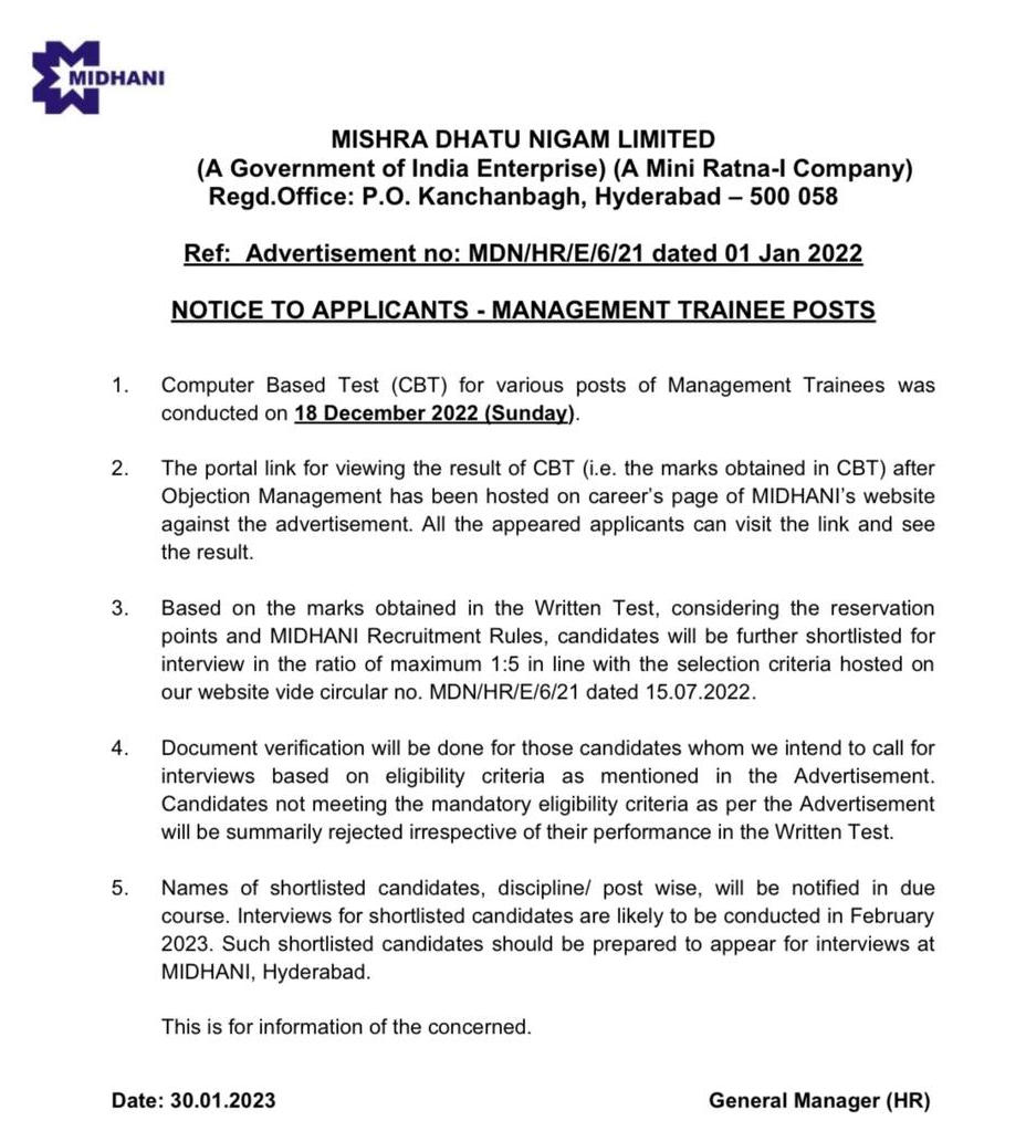 MIDHANI MT Result 2023 Notice