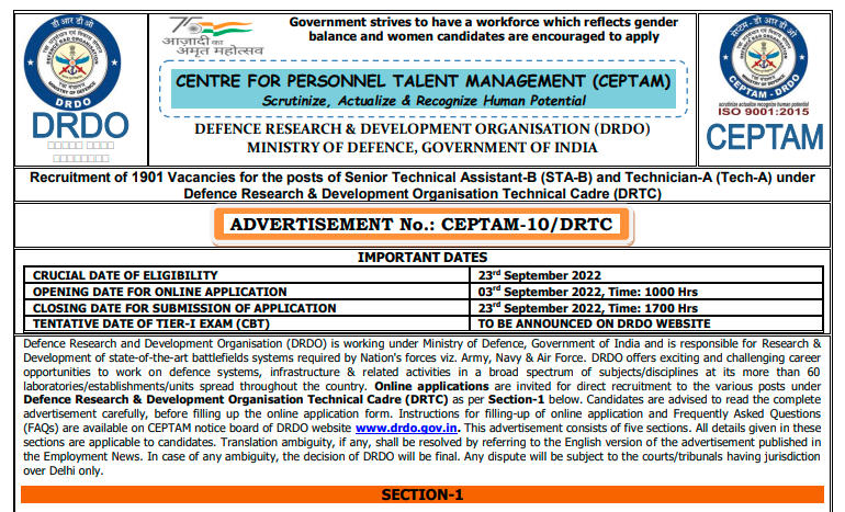 DRDO CEPTAM 10 Recruitment 2022 Notification Out for DRTC 1901 Vacancy |_70.1