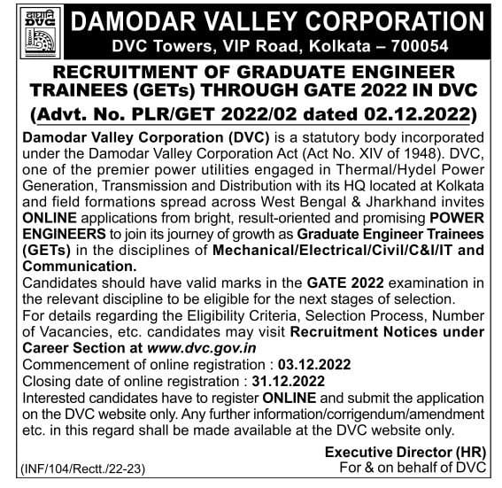 DVC GET Recruitment through GATE 2022