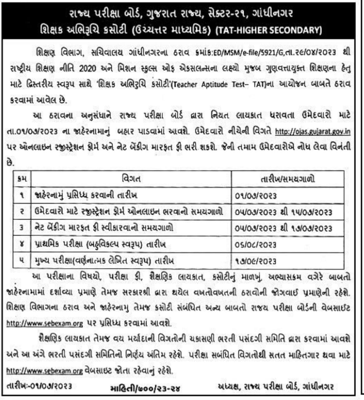 Gujarat TAT Higher Secondary Notification 2023