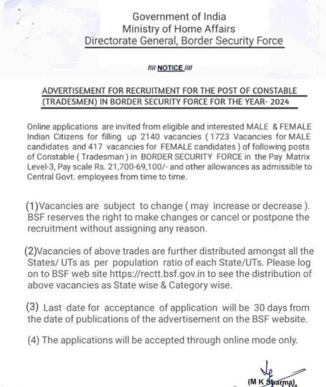 BSF Tradesman Recruitment 2024, 2140 Vacancies for Male and Female_3.1