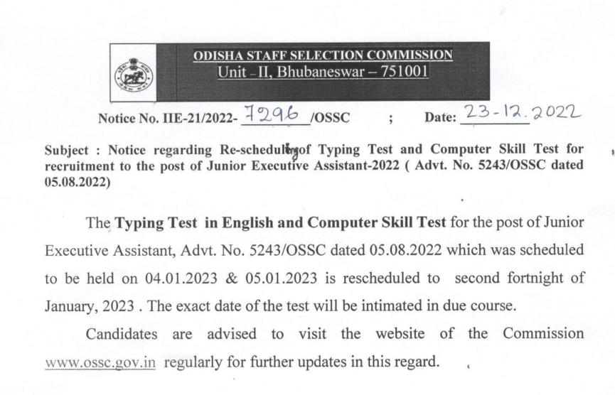 OSSC JEA English Typing & Skill Test Reschedule Date 2023_3.1