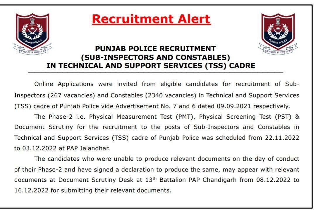 Punjab Police Sub Inspector Physical Test 2022