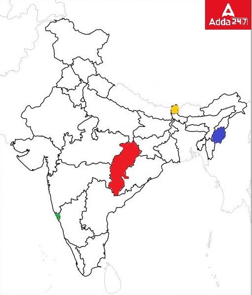 Locate the following States on a blank outline political map of India: Manipur, Sikkim, Chhattisgarh and Goa.