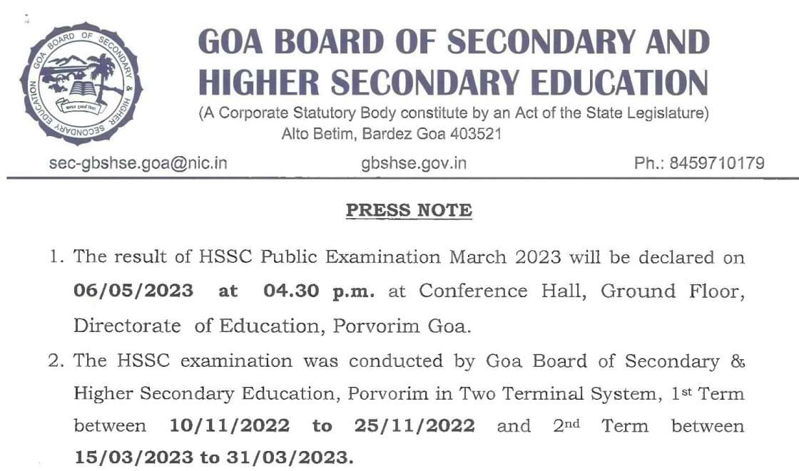 Goa Board HSSC Result 2023, Goa 12th Term 2 Result Link_40.1