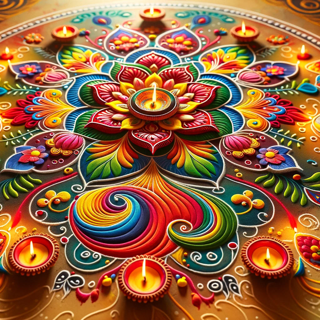 DALL%C2%B7E 2023 11 13 10.16.50 A vibrant and colorful Diwali rangoli design featuring traditional Indian patterns and motifs. The rangoli should include a mix of bright colors like