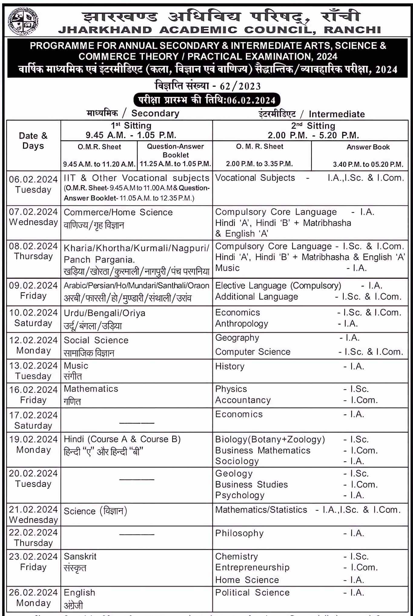 Jharkhand Academic Council (JAC) has released its academic calendar for 2023. Accordingly, the matriculation examinations to be held in 2024 will start on 06 February 2024. The matriculation examination will run till the Last Week Of February 2024. 