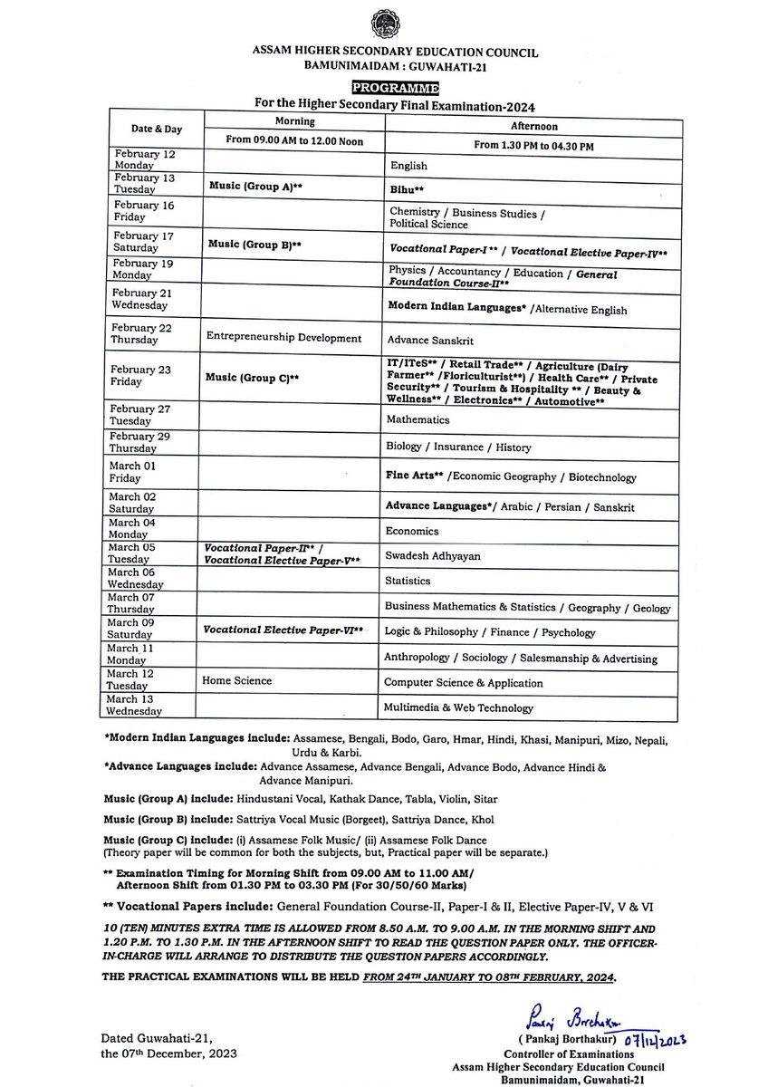 AHSEC Routine 2024 Out, Assam HS 2nd Year Exam Date PDF_30.1