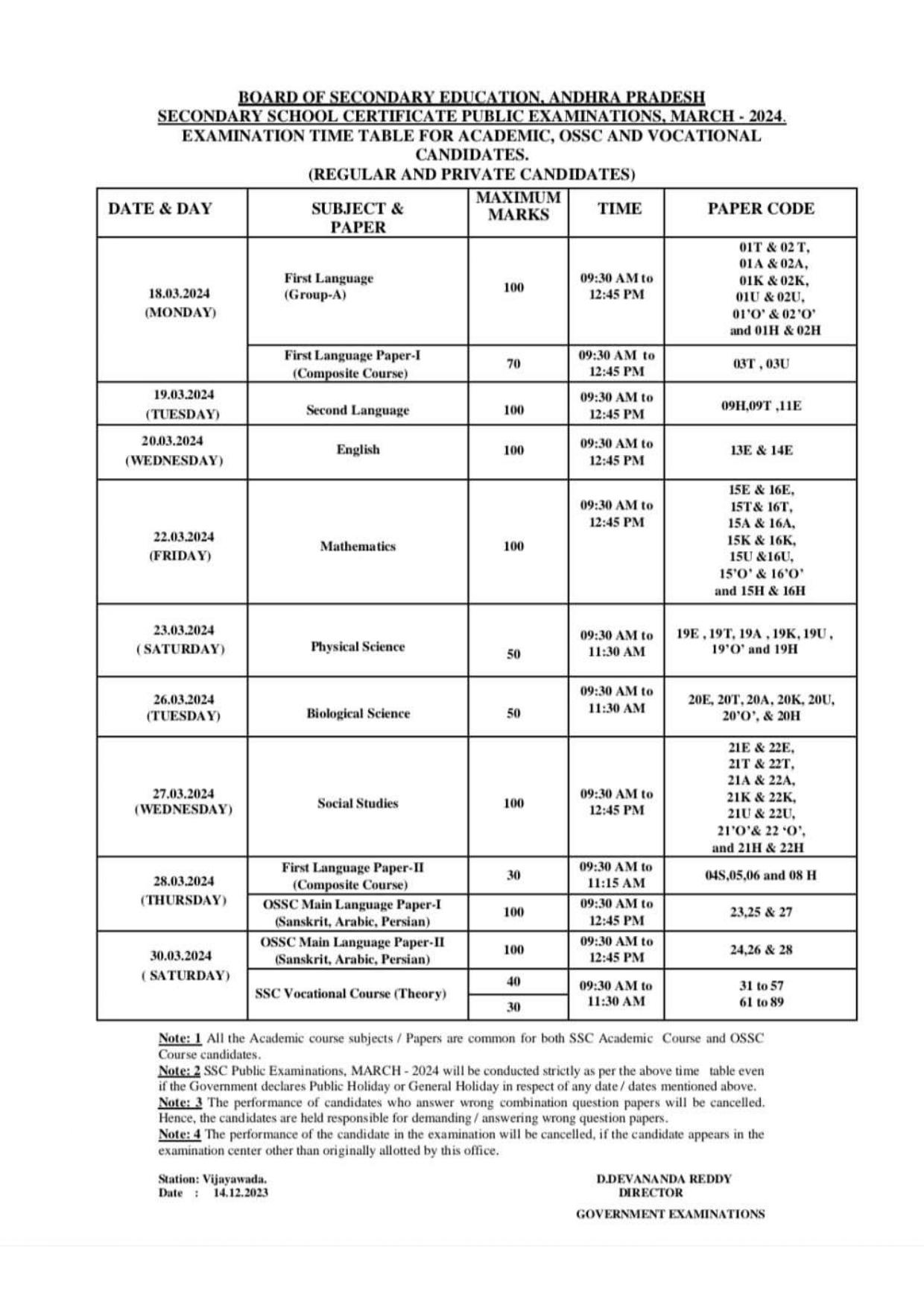 10th Class Public Exam Time Table 2024