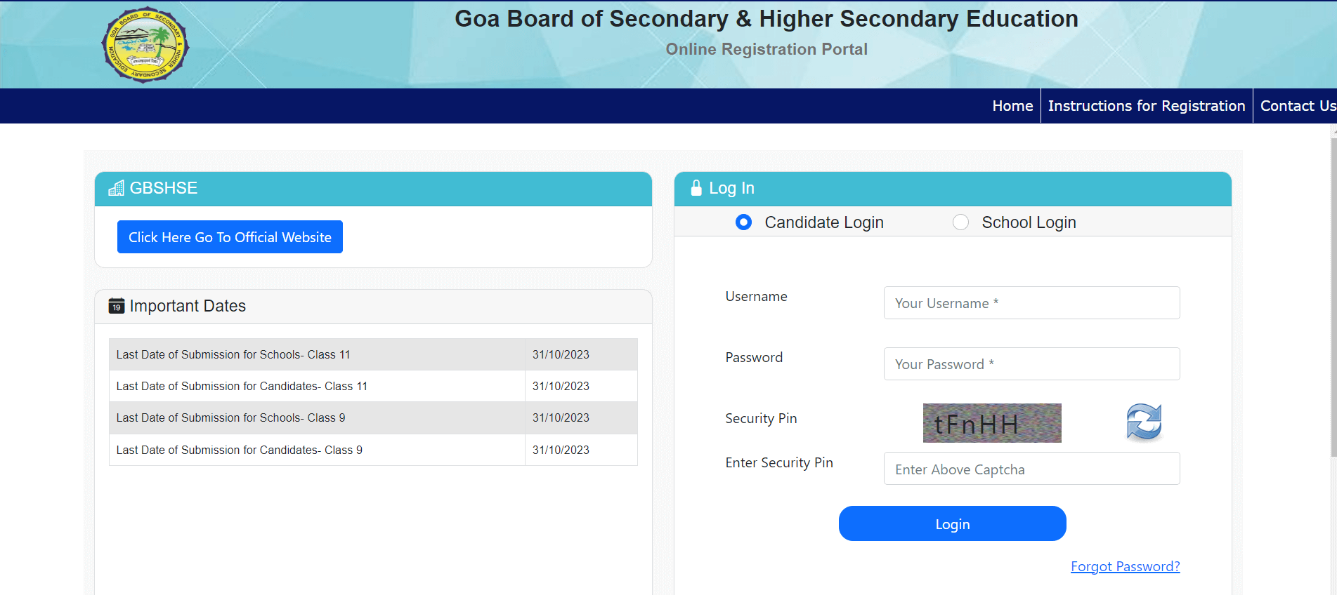 Goa Board Login Page