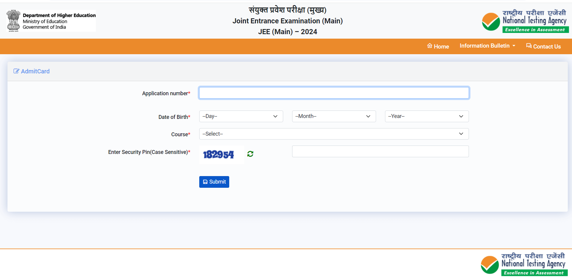 JEE Mains Admit Card 2024 Session 2 Login Page