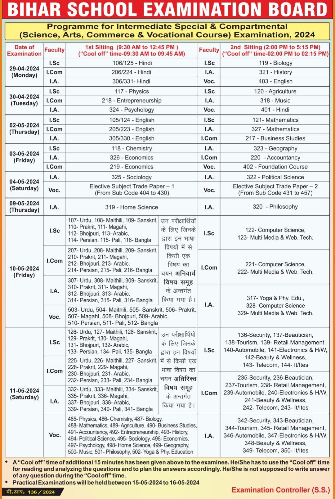Bihar Board Intermediate Compartment Exam Date Sheet 2024