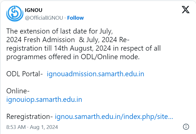 IGNOU July Session Admission 2024-25 Re-registration Notice