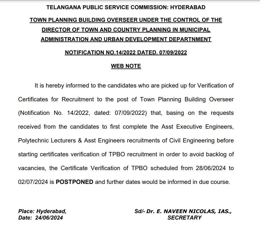 TSPSC TPBO Certificate Verification 2024 Postponed, Check List of Important Document_3.1