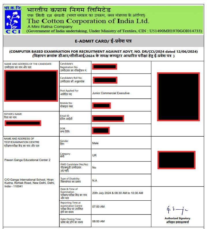 Cotton Corporation of India Admit Card