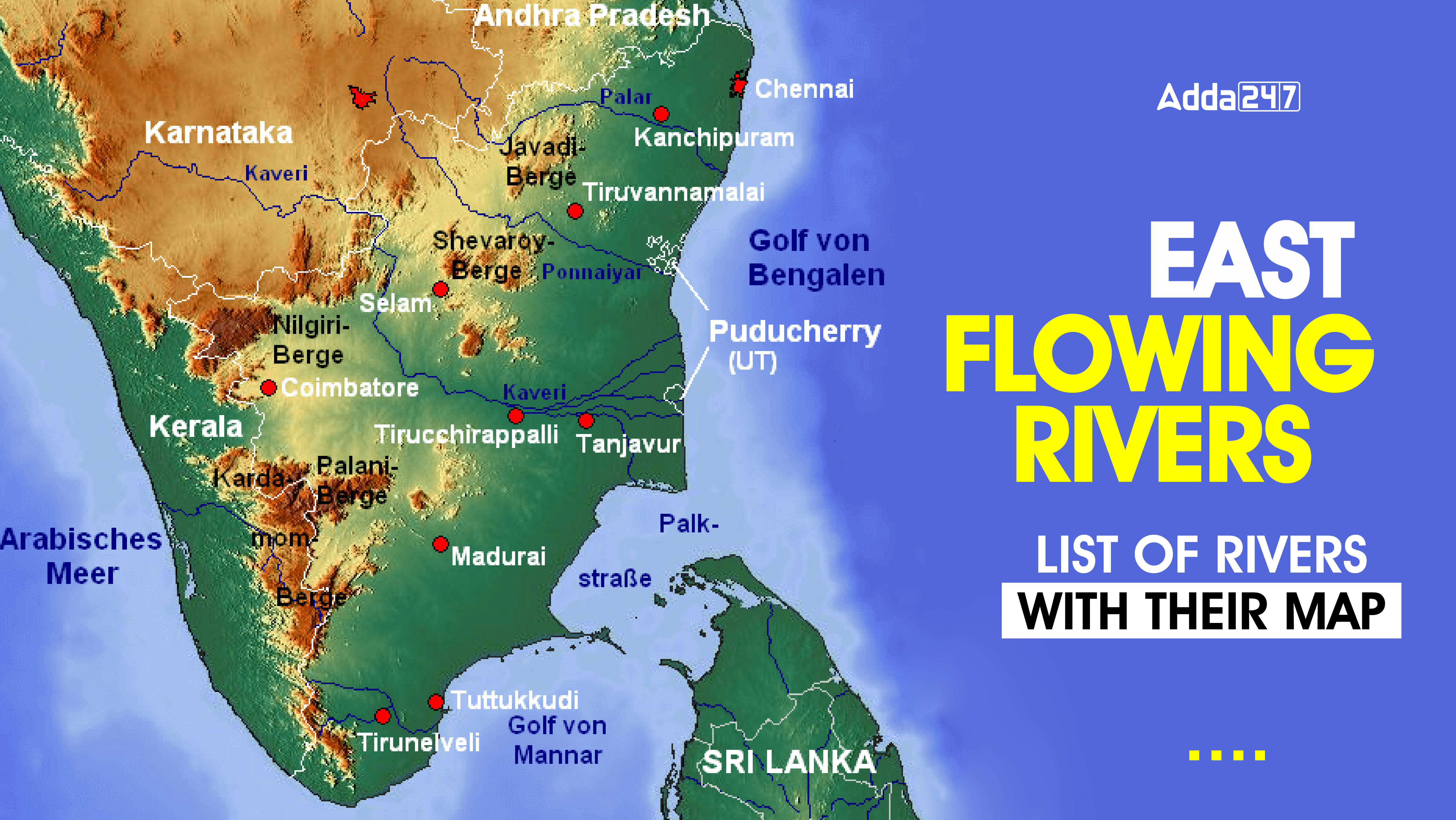 East Flowing Rivers, List of Rivers With Their Map