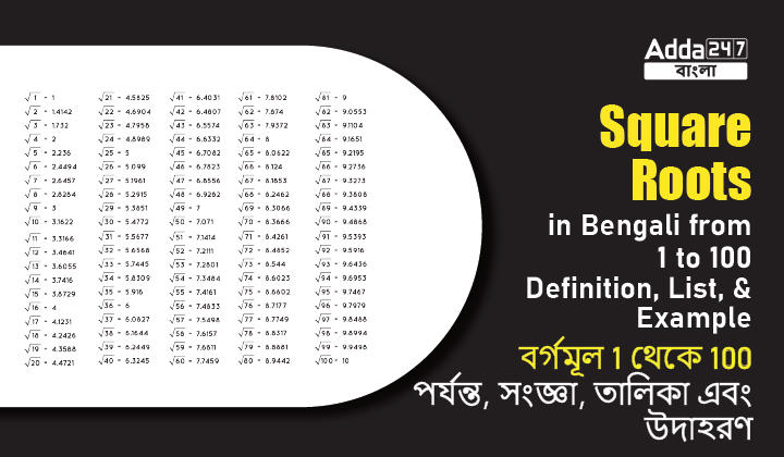 Square Roots in Bengali from 1 to 100, Definition, List, and Example | বর্গমূল 1 থেকে 100 পর্যন্ত, সংজ্ঞা, তালিকা এবং উদাহরণ