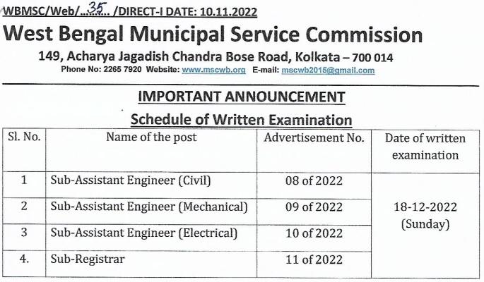 KMC Sub Assistant Engineer Official Exam Date 2022