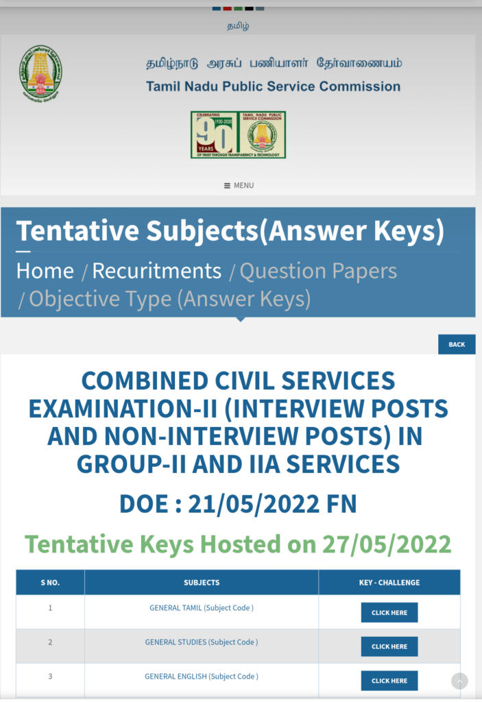COMBINED CIVIL SERVICES EXAMINATION-II (INTERVIEW POSTS AND NON-INTERVIEW POSTS) tnpsc group 2 answer key