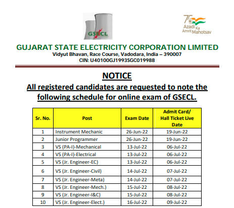 GSECL Vidyut Sahayak (JE) Exam Date 2022, Download GSECL JE Exam Schedule PDF_4.1