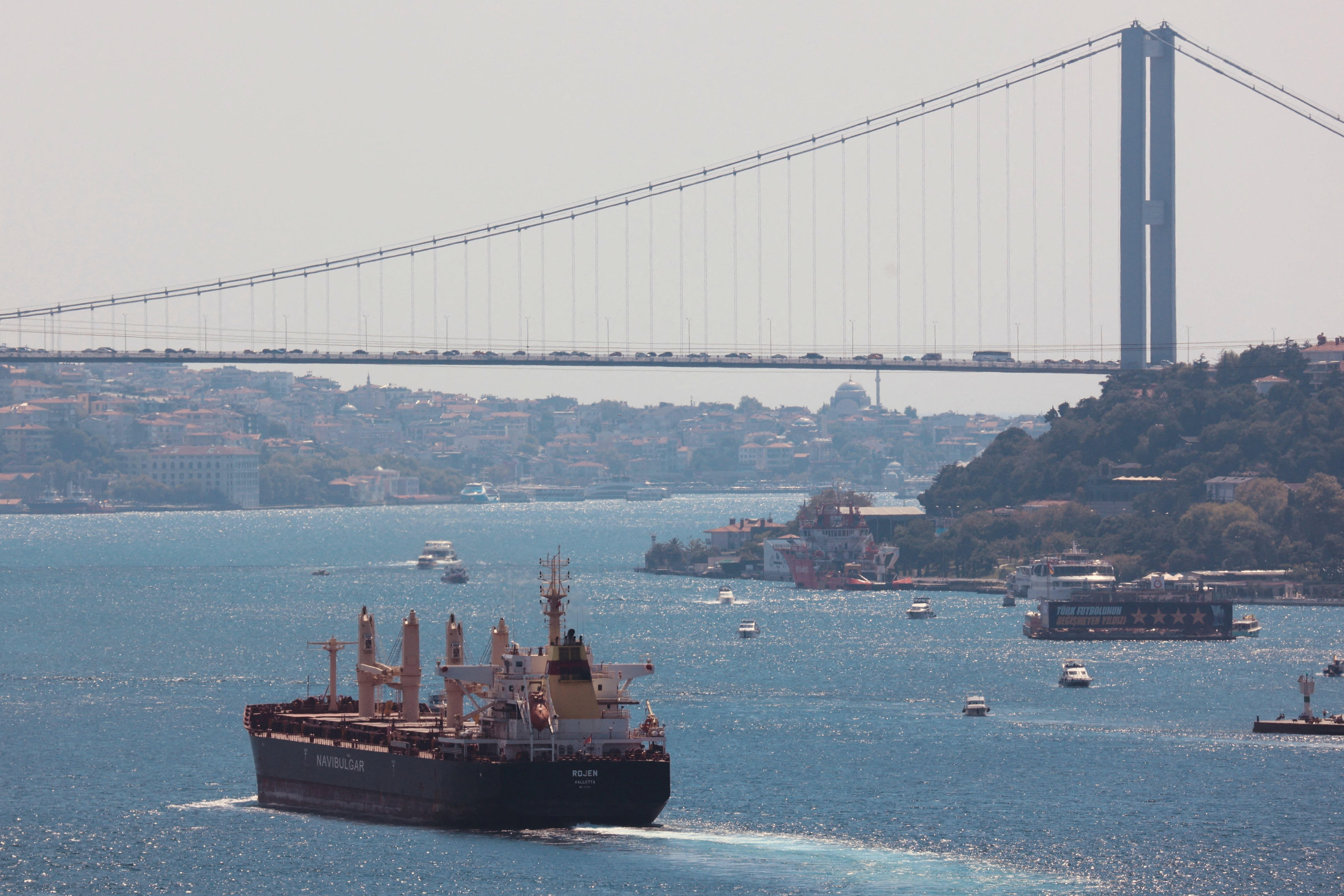 The Maltese-flagged bulk carrier Rojen sails in Istanbul's Bosphorus