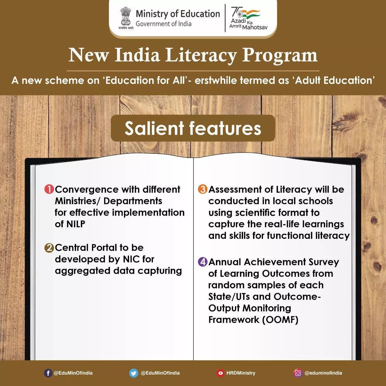 15 वर्ष और उससे अधिक आयु वर्ग में 5 करोड़ अशिक्षितों के लक्ष्य को कवर करने के लिए न्यू इंडिया साक्षरता कार्यक्रम शुरू किया गया |_50.1