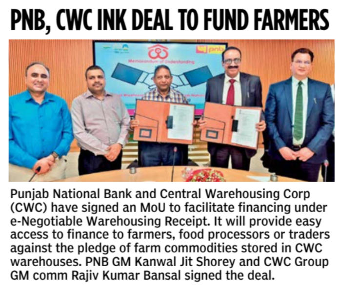 PNB ने किसानों को वित्त की सुविधा के लिए केंद्रीय भंडारण निगम के साथ समझौता ज्ञापन पर हस्ताक्षर किए |_40.1