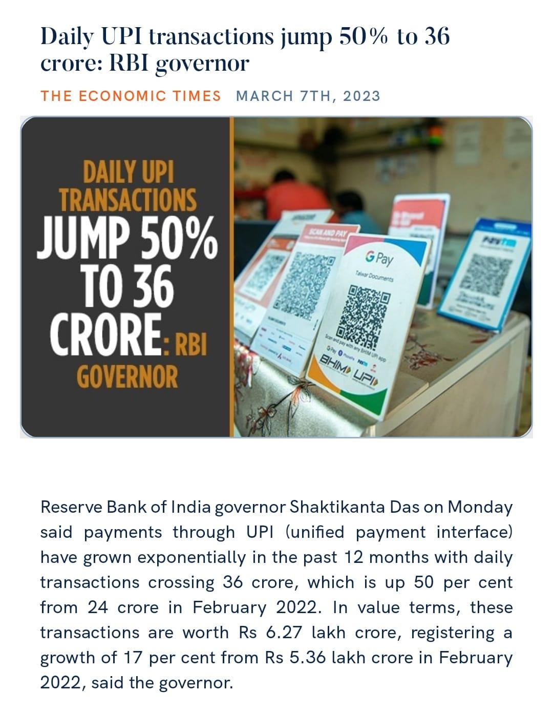 narendramodi_in on Twitter: "Daily UPI transactions jump 50% to 36 crore: RBI governor https://t.co/HE16i5CpzB https://t.co/lZFZmQdiWi" / Twitter