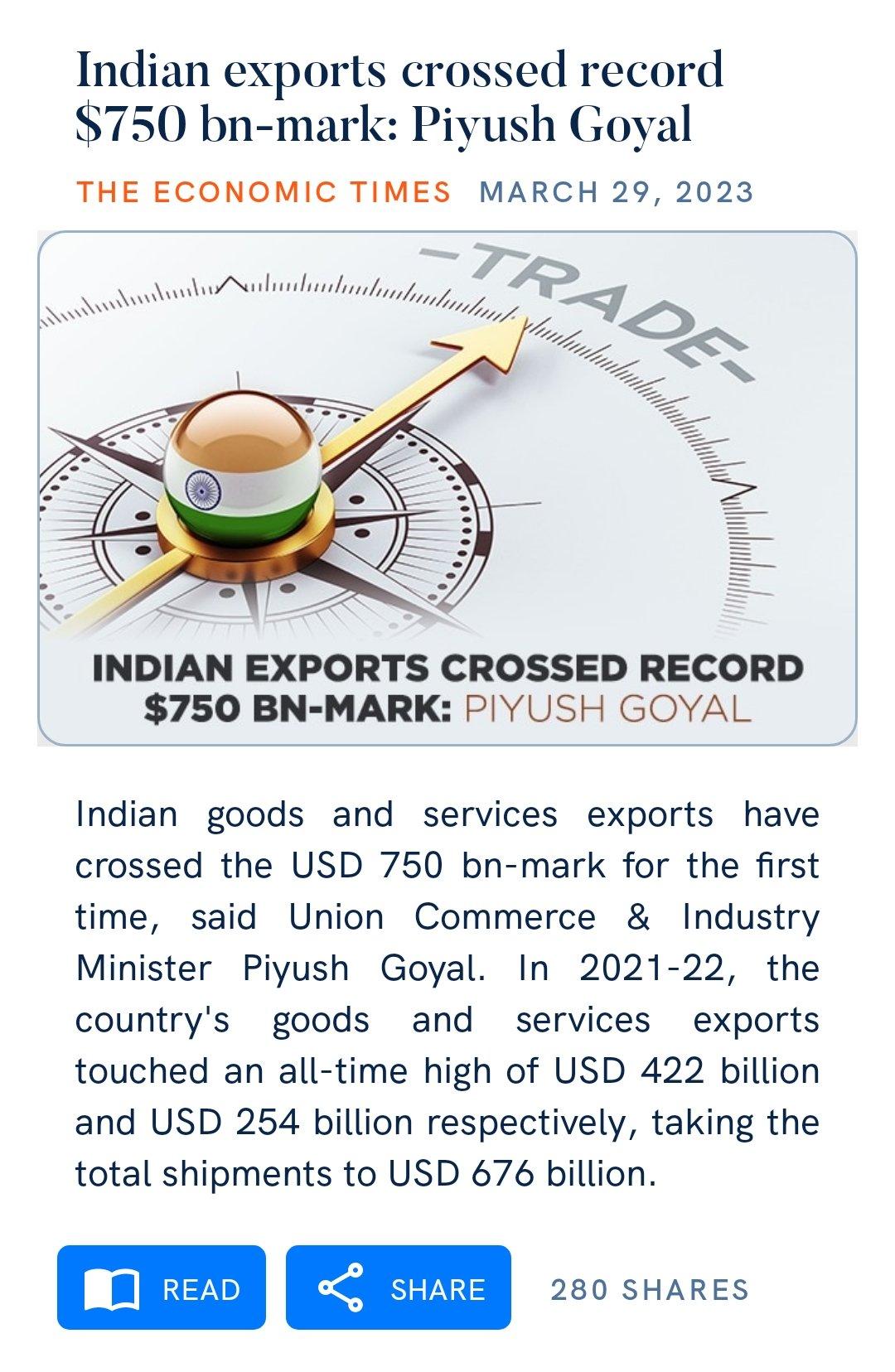 Nishant?? on Twitter: "India's overall exports cross an all time high of US$ 750 Billion in the 75th year of independence. Exports milestone achieved amidst extremely challenging global economic situation: @PiyushGoyal ji.