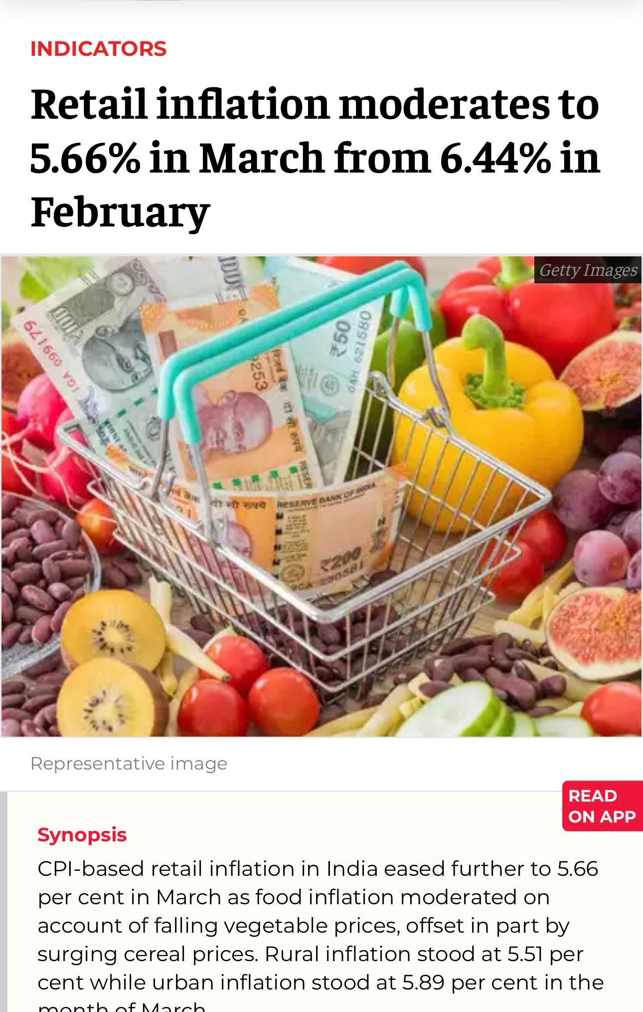 Vijay on Twitter: "Retail inflations moderates to 5.66% for March from 6.44% in Feb in India https://t.co/bDFxVEy4Ij" / Twitter