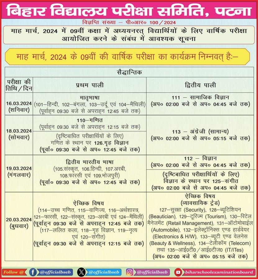Bihar Board Class 9 Date Sheet 2024
