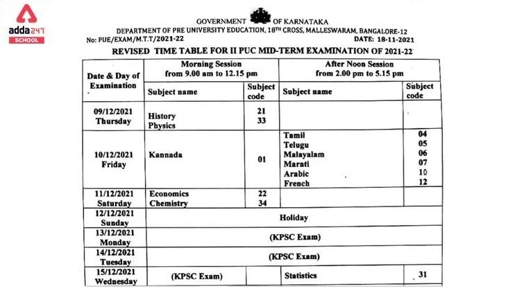 Karnataka 2nd PUC Mid Term Exam 2021 Revised Datesheet Schedule Released_30.1