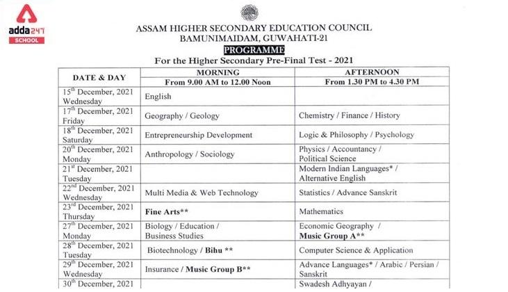 Assam AHSEC Class 12th Pre-Final Exam Dates & Routine 2022_30.1