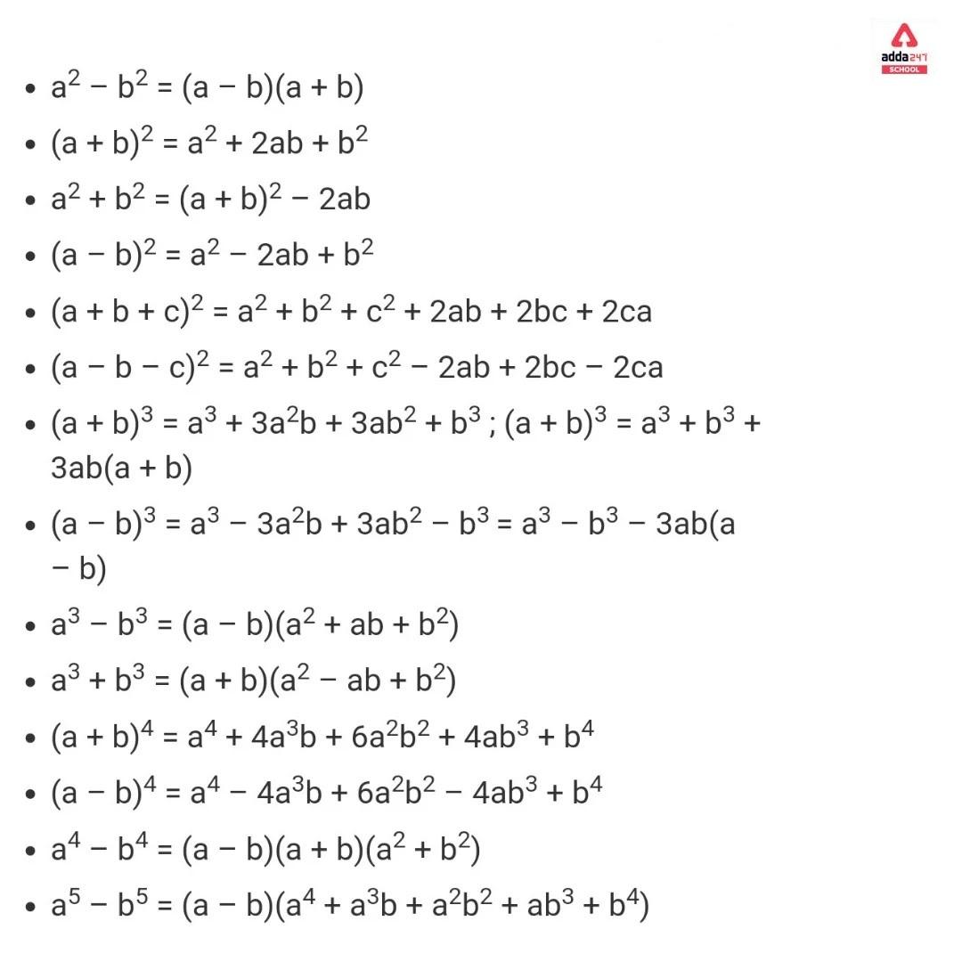 All Algebraic Formulas Pdf Class 10 And 12 Maths Identities 8512