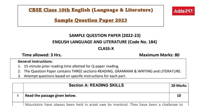 Class 10 English Sample Paper 2022- 23 with Solutions & PDF_30.1