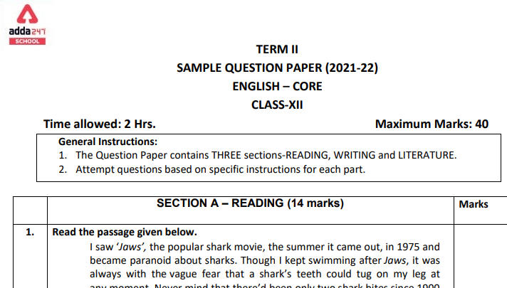 CBSE Class 12 English Core Term 2 Sample Paper With Solution