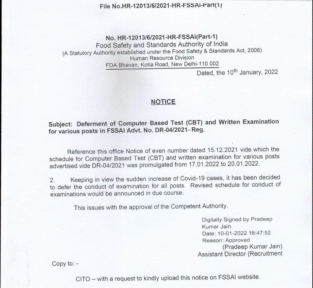 FSSAI CBT Exam 2022 Postponed : एफएसएसएआई परीक्षा 2022 स्थगित (FSSAI Exam 2022 Deferred) | Latest Hindi Banking jobs_4.1